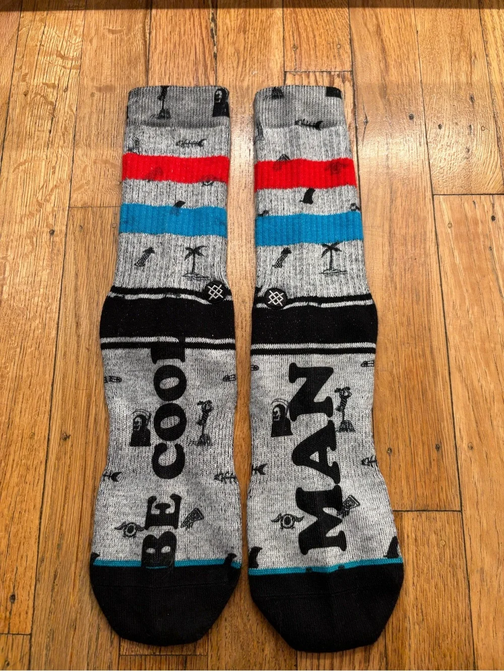 Stance Gray Crew Socks with Red & Blue Stripes